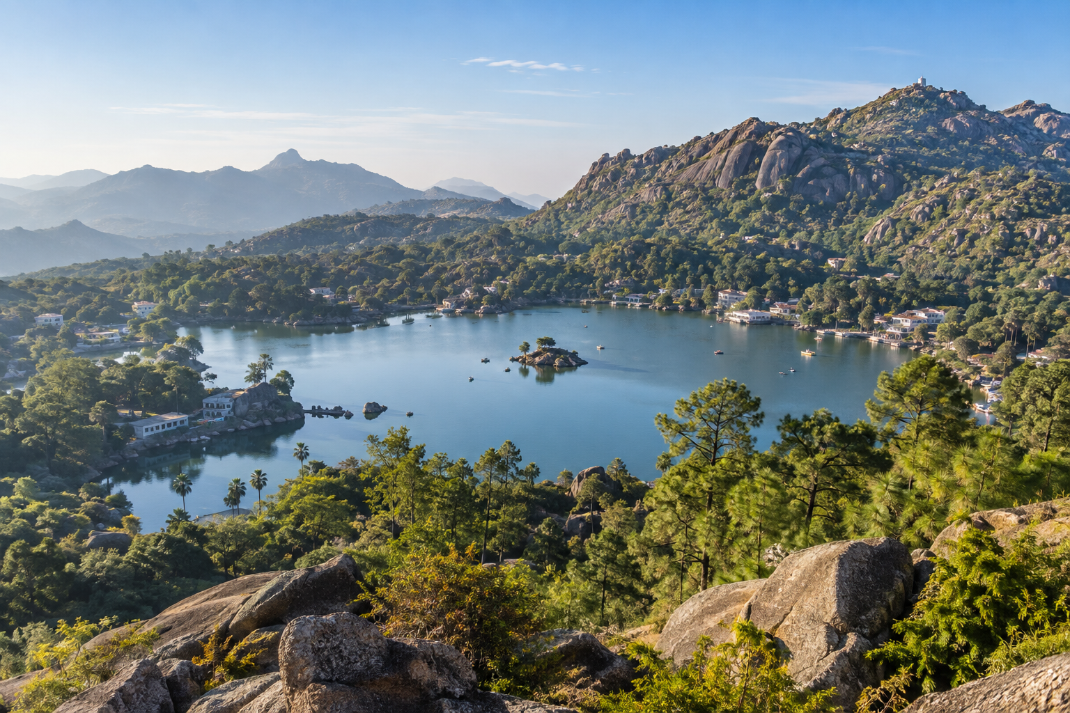 Nakki Lake and the green hill landscape of Mount Abu