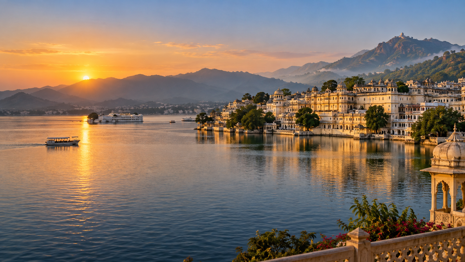 Udaipur lake and palace scenery with Aravalli hills
